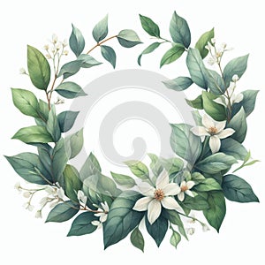 Watercolor wreath with jasmine flowers and green leaves isolated on white background.